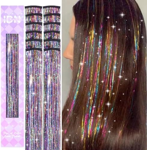 IDN BEAUTY Hair Tinsel Clip In Rainbow Sparkle Hair Extensions 24 Inch 12pcs by IDNBEAUTY