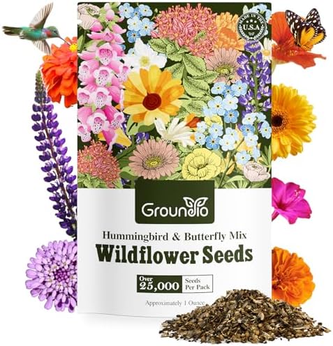 Groundio 25,000+ Wildflower Seeds Mix 1 Oz, 24 Varieties Perennial & Annual Seeds for Hummingbirds and Butterflies, High Germination Flower Seeds Throw and Grow to Plant Outside, No Filler by Groundio