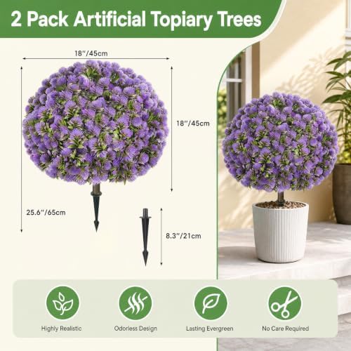 25.6'' Artificial Purple Dandelion Topiary Ball Trees for Outdoor Planters - Image 2