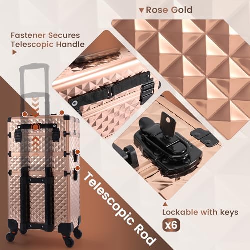 Frenessa Rolling Makeup Train Case 3 in 1 Professional Cosmetic Trolley Large Storage with keys Swivel Wheels Salon Barber Case Traveling Cart Trunk for Make Up Nail Tech - Vintage Rose Gold - Image 6