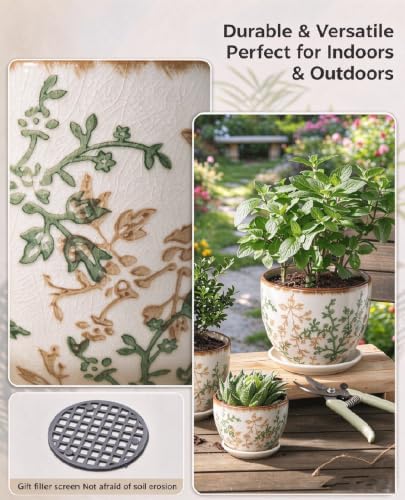 Retro Ceramic Garden Pots, 5.8 Inch Plant Pots with Drainage and Attached Saucer Set of 4, Chinoiserie Floral Large Flower Pots for Home Decor, Plant Lover Gifts, White Green - Image 5
