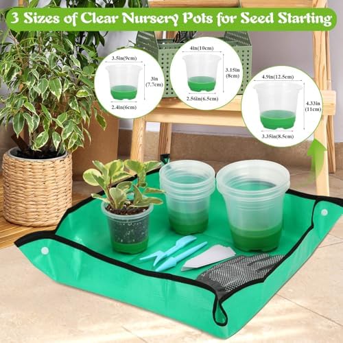 Caffox 51PCS Reusable Seed Starter Kit Includes 26 Packs 3 Sizes Clear Nursery Pots with Silicone Base, Repotting Mat, Gardening Gloves, Plant Labels and Seedling Tools for Easy Transplant - Image 3