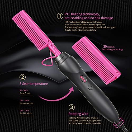 Hot Comb Hair Straightener Pressing Combs - Ceramic Electric Straightening Comb for Natural Black Beard Wigs Holiday Gift- Pink - Image 2