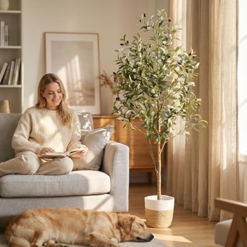 5Ft Artificial Olive Tree Indoor, Faux Olive Tree with Olive Fruits, Faux Tree in Woven Basket Fake Plant for Living Room Bedroom Office Home Decor - Image 2