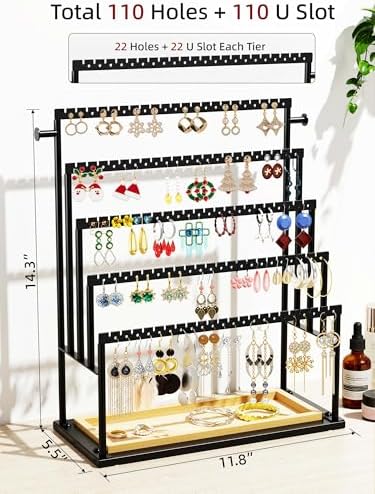 Earring Holder Organizer, 5-Tier Jewelry Display Stand with Matte Black Metal Frame and Wooden Tray, Large Earring Holder for Studs, Hoops, Dangles, Modern Jewelry Organizer for Women - Image 3