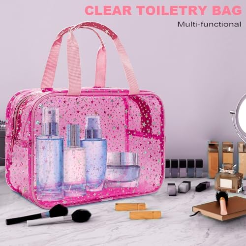 Clear Red Star Large Makeup Bag with Star Pattern 12x5x8 inch, Travel Cosmetic Bag with Handle, Durable PVC Material Washbag Zipper Opening Design for Makeup Travel Organizer or Gym Use - Image 4