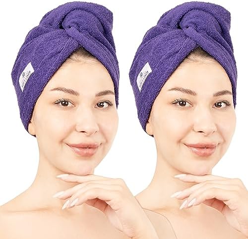 American Soft Linen 100% Cotton Hair Towel Cap and Wrap for Long Curly Anti Frizz Hair, Absorbent 2 Pack, Purple by AmericanSoftLinen