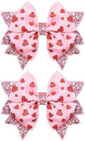 Glitter Pink Valentines Hair Bows for Girls 2pcs 3.5" Red Heart Ribbon Dressy Bow Alligator Clips for Women Wedding Party outfit Decor Accessory Her Birthday Favor Gift by KCHIES-AccessoryCollection