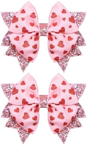 Glitter Pink Valentines Hair Bows for Girls 2pcs 3.5" Red Heart Ribbon Dressy Bow Alligator Clips for Women Wedding Party outfit Decor Accessory Her Birthday Favor Gift by KCHIES-AccessoryCollection