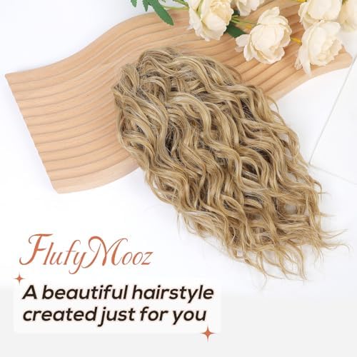 Flufymooz Ponytail Extension, 12" Short Claw Ponytail Extension Wavy Curly Jaw Clip in Pony tails Hair Extension Natural Synthetic Hairpiece for Women (Golden Blonde with Highlights) - Image 2