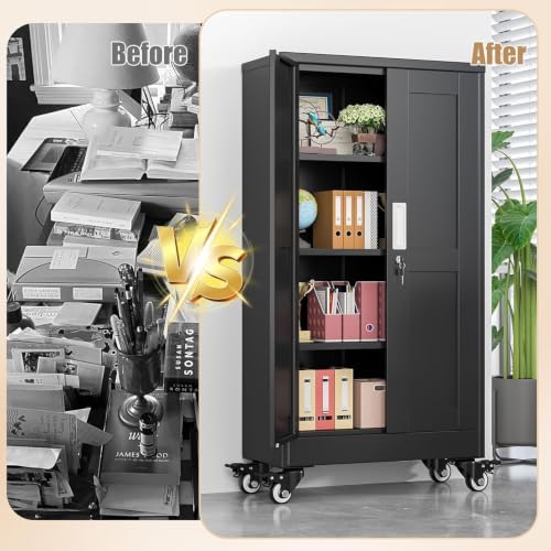47" Metal Garage Storage Locker Cabinet with Wheels,Rolling Black Kitchen Pantry Cabinet with 2 Doors and 3 Adjustable Shelves, Steel File Tool Cabinet for Home Office Living Dinning Room Warehouse - Image 7