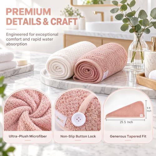 M-bestl 2 Pack Microfiber Hair Towel Wrap with Button,Quick Dry(Pink&Beige) - Image 3