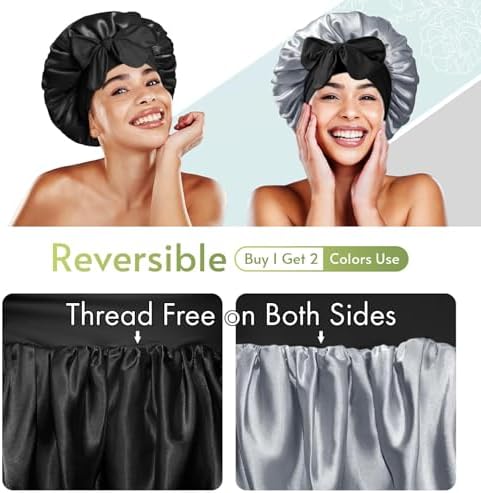 BONNET QUEEN Silk Bonnet for Sleeping Satin Bonnet with Tie Hair Wrap Double Layer Sleep Cap for Women Curly Hair, Black Silver - Image 2