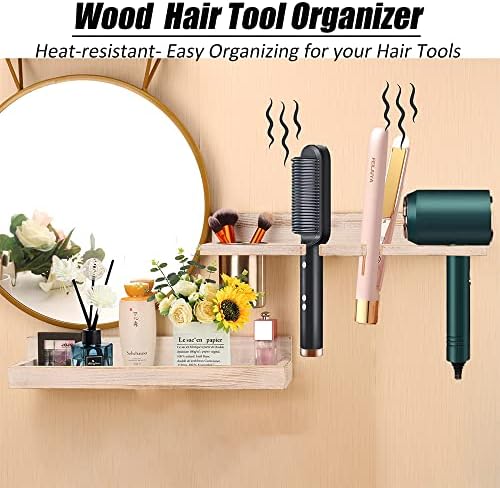 Wall Mount Hair Tool Organizer, 2 Tier Rustic Wooden Blow Dryer Holder - Image 4