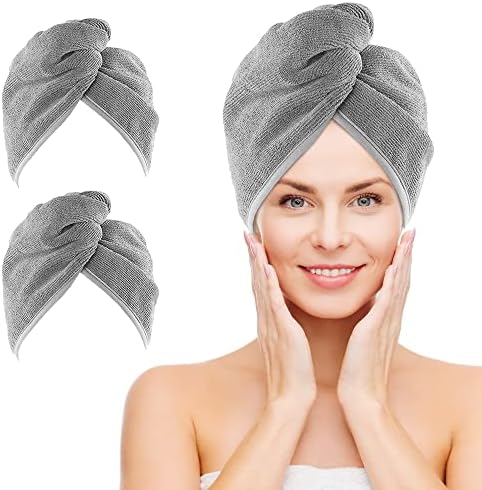 NEXCOVER Microfiber Hair Wrap, 2 Pack Grey 9.8 inch x 25.5 inch, Turbans Ultra Absorbent Fast Drying Head Towels for Long, Curly, Thick Frizzy Hair by NEXCOVER