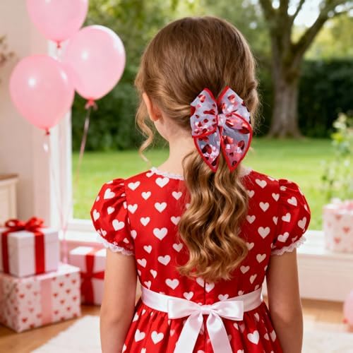 Glitter Valentines Shaker Bows Alligator Clips for Girls Women, 2Pcs 4" Red Heart Mesh Tulle Ribbon Fable Bow Hair Barrettes Gift for Kids Birthday Wedding Party Dress Decor Accessory - Image 5