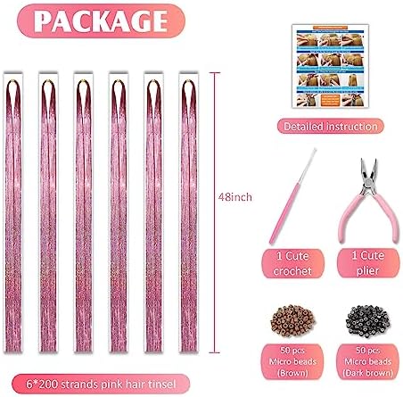 Pink Fairy Hair Tinsel Kit 48 Inches 1200 Strands with Tools and Instruction Easy to Install Glitter Tinsel Hair Extensions for Women and Girls，Shinny Sparkling Braiding Hair Accessories for Halloween Cosplay Party - Image 4