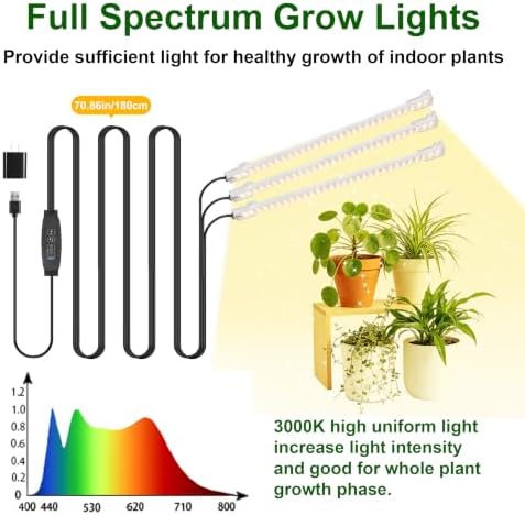 3 Head 9.4'' LED Grow Light Strips, 3000K Full Spectrum for Indoor Plants Plant Light with 3/9/12H Timer & 10 Dimmable Levels, Grow Lamp for Succulents, Seedlings,Hydroponics & Greenhouse - Image 2