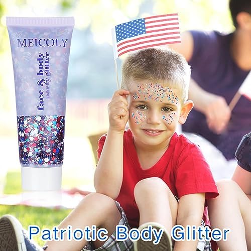 MEICOLY 250th Red White and Blue Patriotic Face Glitter,Fourth of July Star Hair Glitter,4th of July Outfits for Women,USA Flag Body Glitter for Independence Day Veterans Day - Image 4