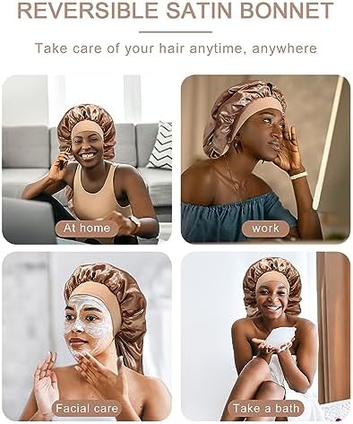 AWAYTR 2-Layer Satin Bonnet for Braids, Wide Band Long Sleep Cap Champagne - Image 5