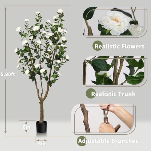6.6ft Tall Artificial Camellia Tree with White Flower - Image 5