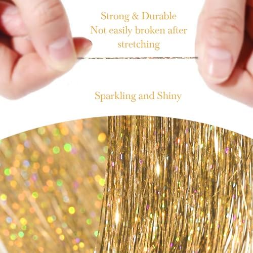 Hair Tinsel 8 Packs 1600 Strands 50 Inch Tinsel Hair Extensions Gold Heat Resistant Glitter Sparkling Shinny Fairy Hair Accessories for Women(Gold, 50Inch) - Image 3