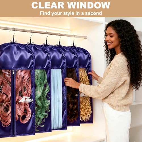 2 Pack Purple Silk Satin Wig Storage Bag with Hanger, Breathable Hair Extension Holder for Styling & Organizing, Dust-proof Silk Case for Protecting Hair Extensions & Wigs - Image 3