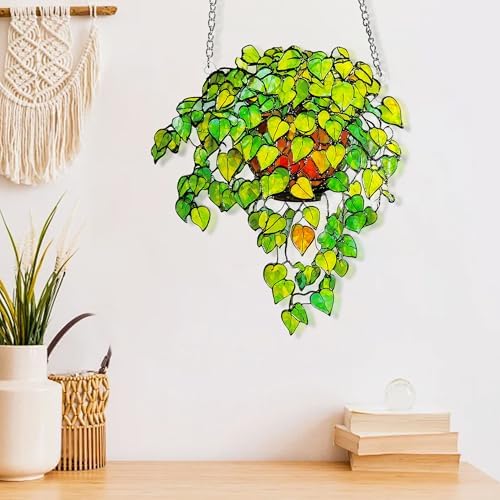 Plant Suncatcher Glass, Stained Glass Suncatcher Plant Window Hanging, Unique Nature Lover Gifts Leaf (Green) - Image 4