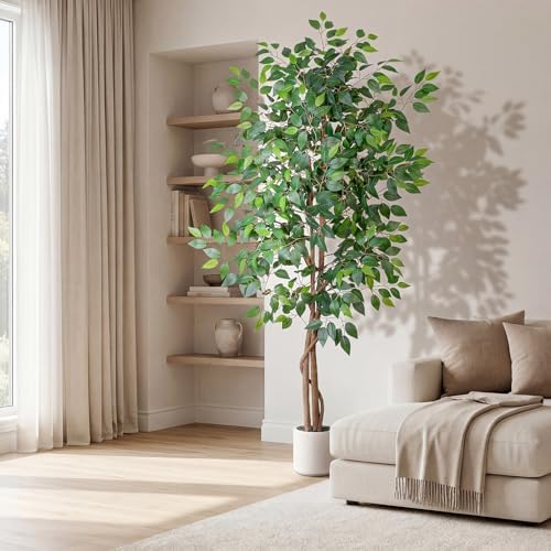 Artificial Ficus Tree 6FT Tall, Faux Ficus Tree Indoor Outdoor, Fake Silk Ficus Plant with Planter, Lifelike Leaves Large Potted Floor Tree for Home Office Living Room Porch Decor - Image 4
