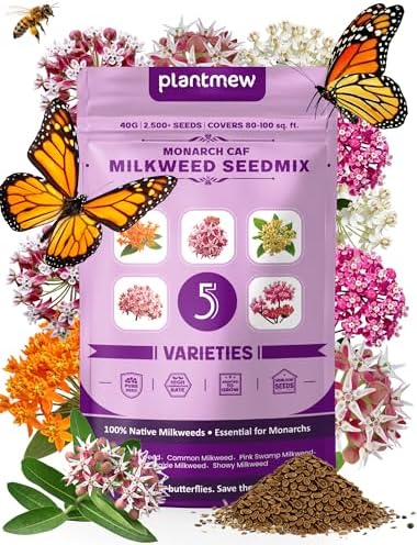 Wildflower Seeds – Monarch Cafe Milkweed Mix, 5 Heirloom Varieties 100% Native Milkweeds, 2,500+ Seeds (40g) Covers 80-100 sq.ft., High Germination for Monarch Butterfly Garden by PLANTMEW