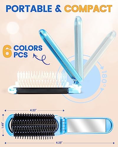 6 PCS Folding Travel Hairbrush Set with Compact Mirror for Women - Mini Pocket Brush with Mirror for Purse and Girls - Image 2
