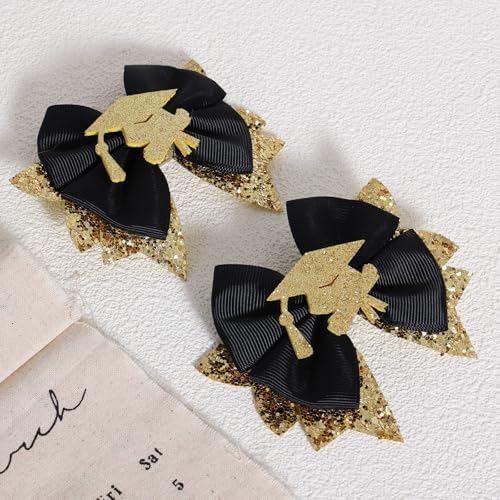 2PCS Graduation Hair Bows for Girls 3.5" Glitter Gold Black Happy Graduation Cap Ribbon Bow Alligator Barrettes for Students Teachers Week Gift Cheer Party School Uniform Accessory - Image 2