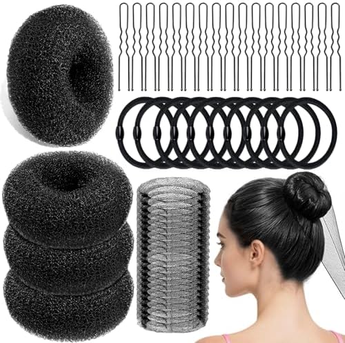 YINGFENG 134 Pcs Black Hair Bun Maker Kit Medium - 4 Bun Hair Pieces for Women, 20 Hair Net for Buns, 100 Bobby Pins for Women, 10 Hair Bands, for Ballet Styling, Hair Accessories for Girls by YINGFENG