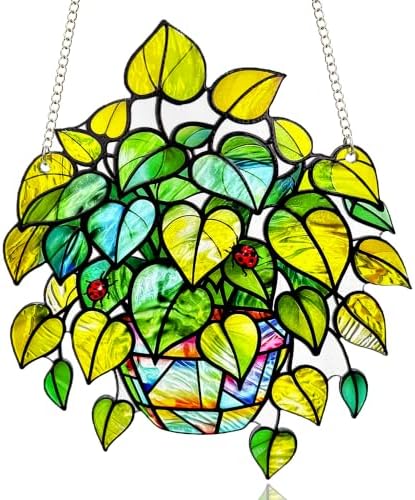 Plant Suncatcher Glass, Stained Glass Suncatcher Plant Window Hanging, Unique Nature Lover Gifts Leaf by StainedGlassArtware