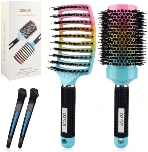 Boar Bristle Brush Set，Round Brush for Blow Out & Blow Drying by OZKVS