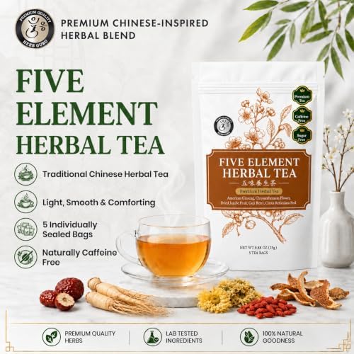 Herb Guru Herbal Tea, Five Element Ginseng & Goji, 5 Bags (50 Cups) - Image 2