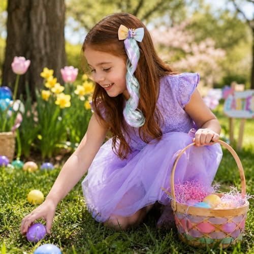 Ideal Swan 6 Set Hair Extensions Clip - Colored Straight Curly Hair Extensions for Kids Ponytails Girls, Rainbow Thick Wig Clip in Fake Bangs with Cute Unicorn Accessories (Curly Hair 02) - Image 3