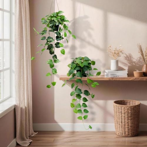 Fake Pothos Hanging Plants, 33" Set of 2 Artificial Hanging Plant with Pot, Faux Pothos Vines Hanging Plant Greenery for Wall Home Living Room Indoor Decor (2, Green Pothos and Golden Pothos) - Image 3