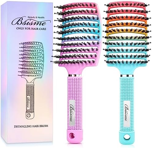 Boar Bristle Hair Brush Curved Vented Detangler Brush Faster Blow Drying, Paddle Detangling Brush for Women Men Kids Wet Dry Long Curly Thick Straight Hair, Make Hair Shiny and Healthier(Purple+Green) by Bsisme