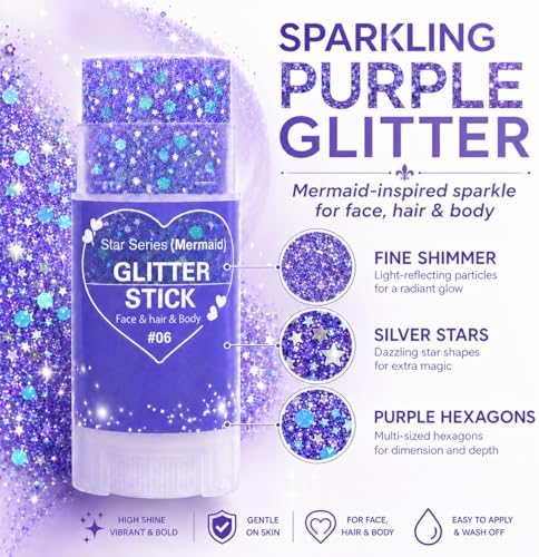 Purple Hair Glitter Stick for Kids, Mermaid Face Body Glitter Makeup with Chunky Sequins, Purple Glitter for Hair Face Body, Mardi Gras Accessories, Halloween Carnival Festival Rave Party (06Purple) - Image 3