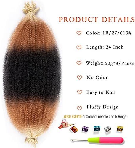 24 Inch Pre-Separated Springy Afro Twist Hair 8 Packs Black Pre-Fluffy Natural Curls are Perfect for Marley Crochet Hair Suitable for Black Women (1b / 27/613, 24 Inch (Pack of 8)) - Image 2