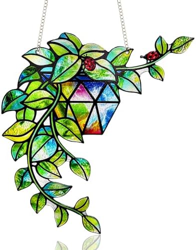 Plant Suncatcher Glass, Stained Glass Suncatcher Plant Window Hanging, Unique Nature Lover Gifts Leaf Idea by StainedGlassArtware