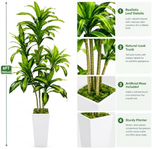 Artificial Dracaena Tree with White Tall Planter, 6FT - Image 6