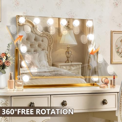 Ratsamee Gold Hollywood Vanity Mirror with Lights, 9 Dimmable Bulbs, 3 Color Lights,Make Up Lighted Mirror, 10x Magnification 360°Rotation(22" x 17") - Image 5
