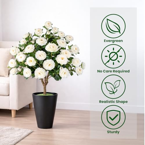 2 Pack 3FT Artificial Camellia Tree with Ground Spike, Full Bloom Fake Camellia Plant Outdoor, Dense Flower Artificial Trees for Front Porch Decor, Patio Garden Yard Decorations, White - Image 3