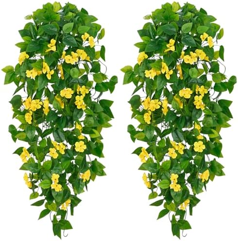 BLEUM CADE Artificial Hanging Flowers for Outdoors, 2pcs Fake Hanging Plants Pothos Vines with Yellow Flowers for Wall Home Living Room Indoor Outdoor Decor (No Baskets) by BLEUMCADE