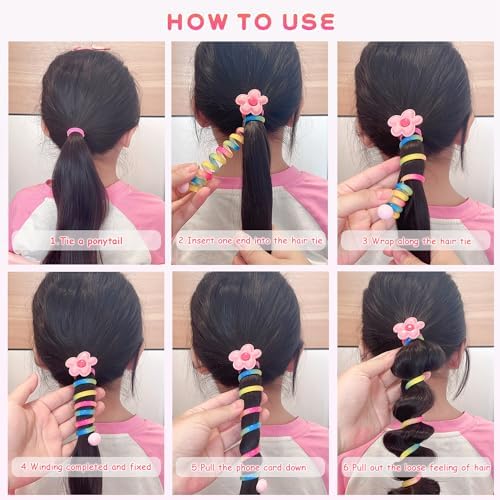 YONOY Colorful Telephone Wire Hair Bands for Kids, 7 Pcs Bowknot Braided Spiral Hair Ties, Ponytail Cord Hair Ties for Girls, No Damage Hair Elastics - Image 6