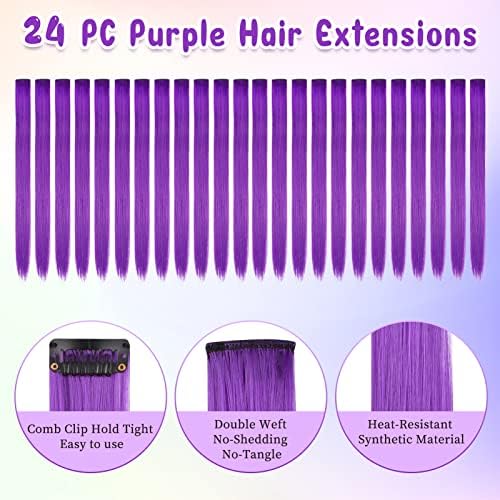 Kyerivs 24PCS Purple Hair Extensions for Girls 20Inch Rainbow Straight Synthetic Clip in Hairpieces for Girls Party Highlights Colorful Hair Accessories Halloween Gifts for Women Easter Gifts - Image 5