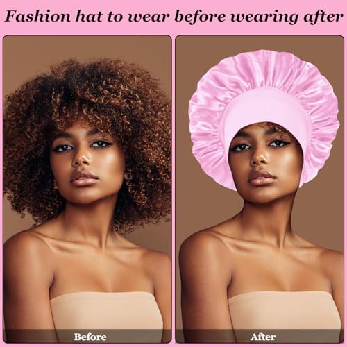 4PCS Satin Hair Bonnet for Sleeping,Bonnets for Black Women Men,Silk Bonnet for Sleeping,Hair Wrap Cap for Curly Hair,Elastic Wide Band Hair Bonnet Shower Cap (Black & Blue & Pink & Purple) - Image 4