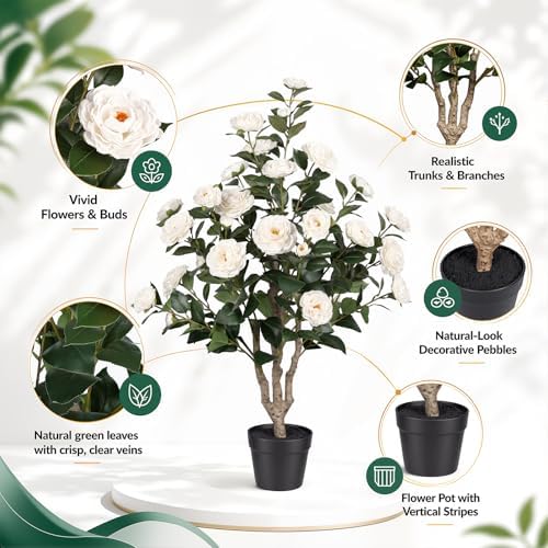 3FT Artificial Camellia Tree 2 Pack, UV Resistant Faux Camellia Plants with Realistic White Flowers, Tall Fake Potted Trees for Front Porch Patio Garden Home Decor, Indoor Outdoor - Image 3
